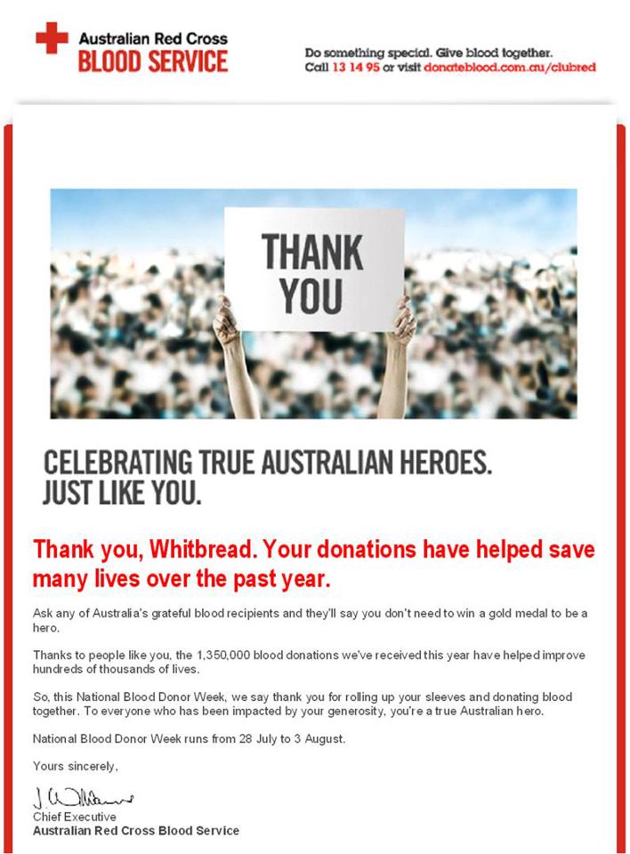 Letter from the Red Cross Blood Service